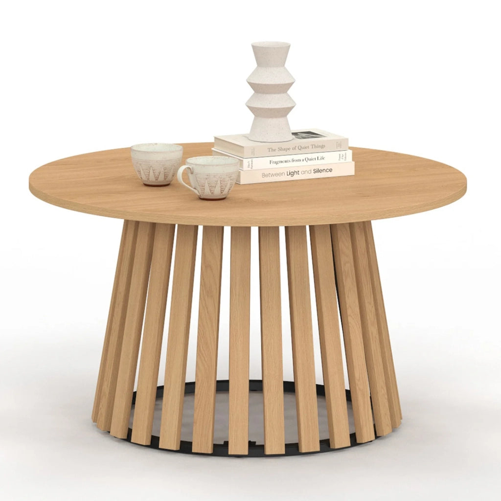 IDMarket - Tavolino rotondo CARMEN 70 cm con gambe a doghe in legno e piano in legno