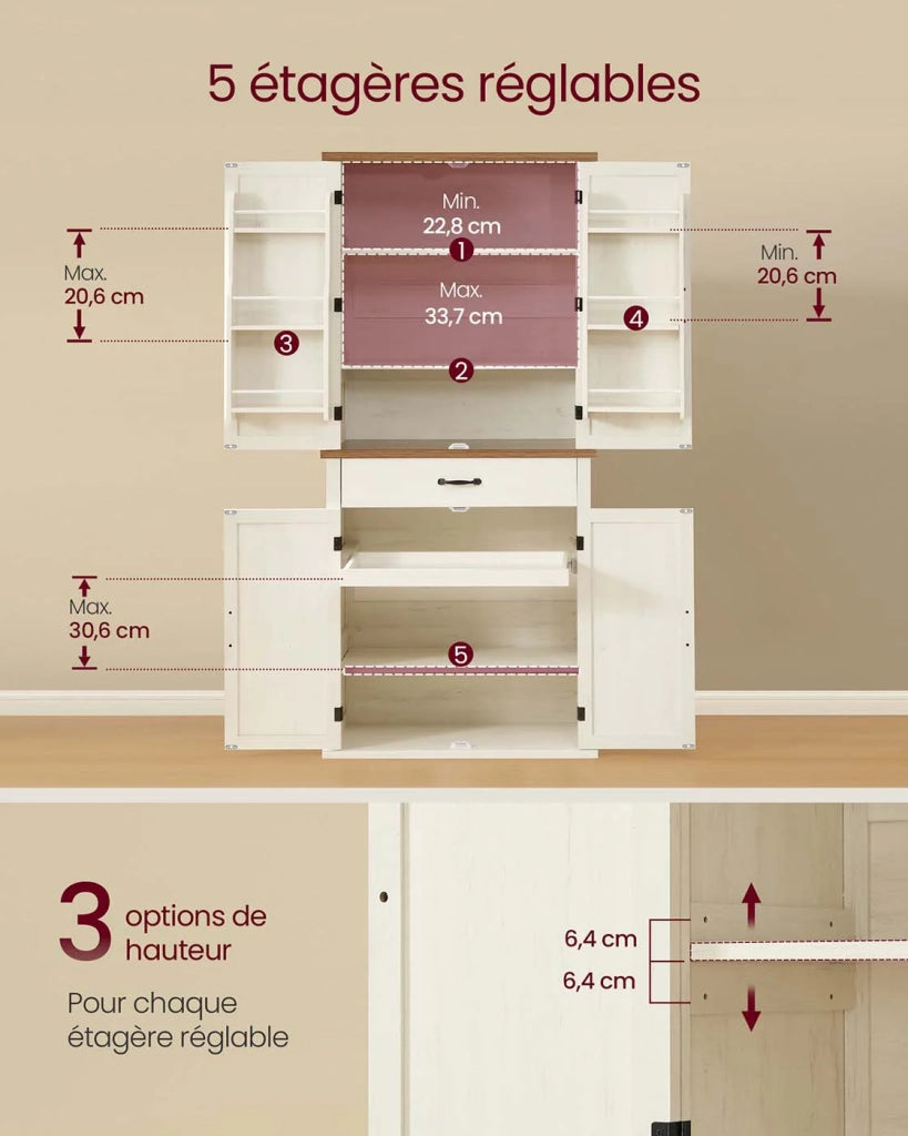 Credenza alta da cucina mobiletto portaoggetti 40 x 76 x 178 cm ampio spazio con un cassetto 4 ripiani regolabili 6 ripiani sull'anta per soggiorno/cucina bianco 12_0004536