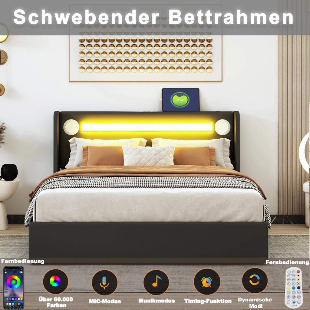 Letto imbottito nero con funzione LED bluetooth e ricarica USB in pelle sintetica 160x200 cm