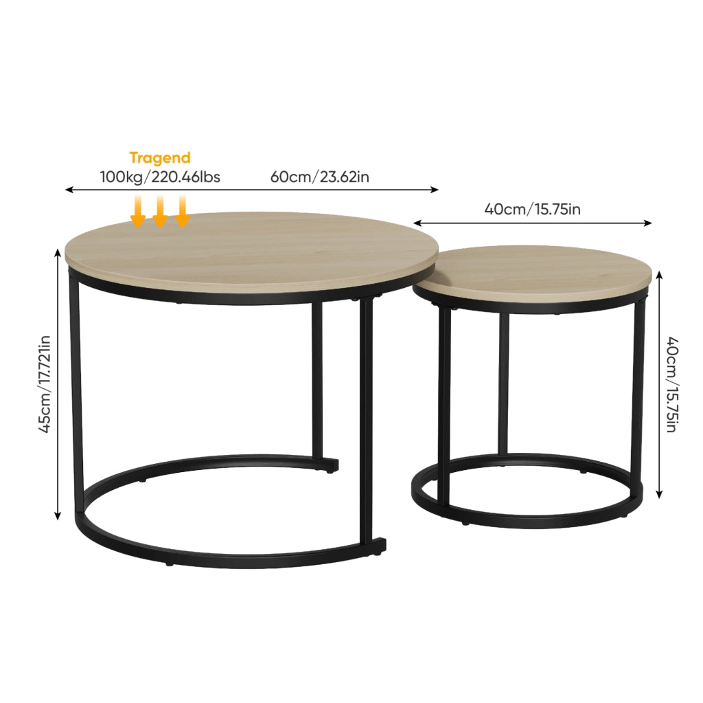Set di tavolini da salotto rotondi impilabili in legno effetto rovere e metallo nero; 60 cm