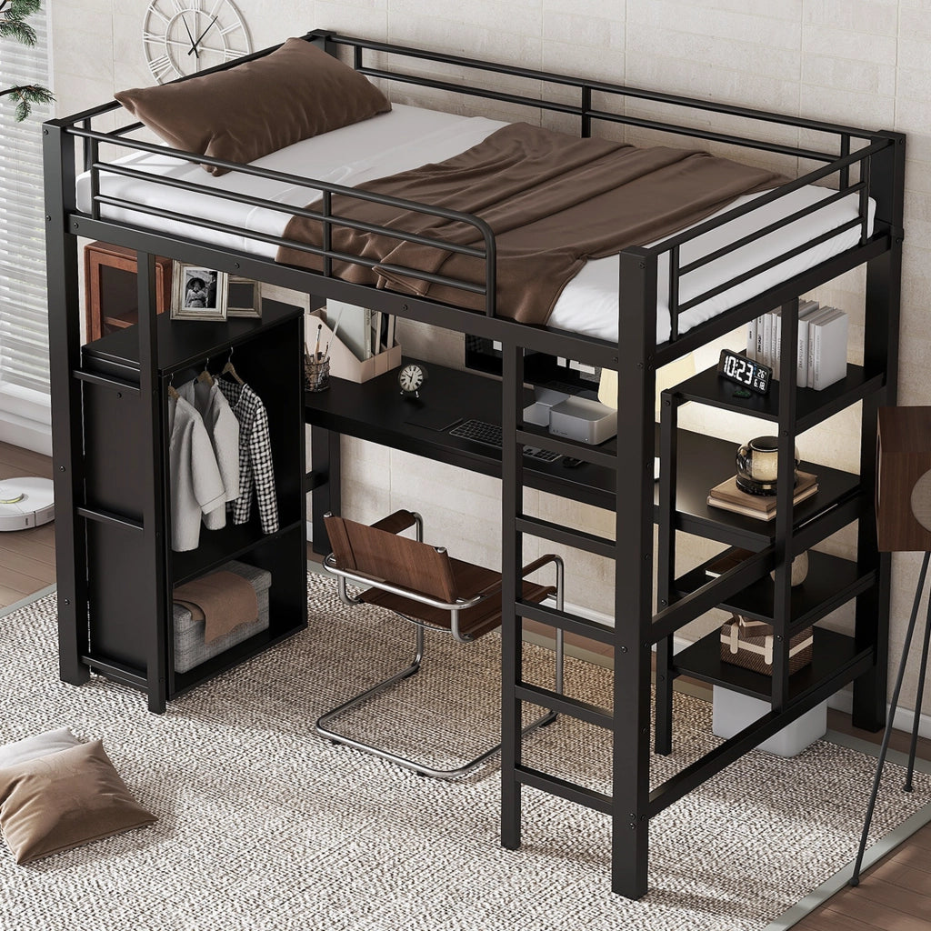DESMIU Letto a soppalco singolo con scrivania, armadio, 3 ripiani e scala a 5 gradini 90 × 200 cm senza materasso nero