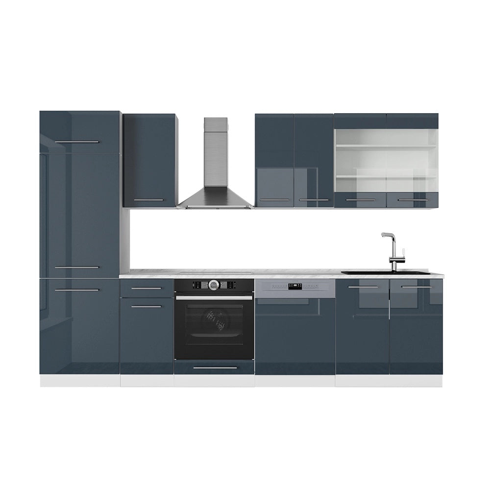 Cucina componibile Fame-Line Blu scuro lucido/Bianco 300 cm, PL Marmo Vicco