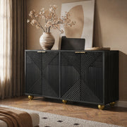 Credenza nera in MDF con 4 ante incise; ripiani interni regolabili e gambe regolabili