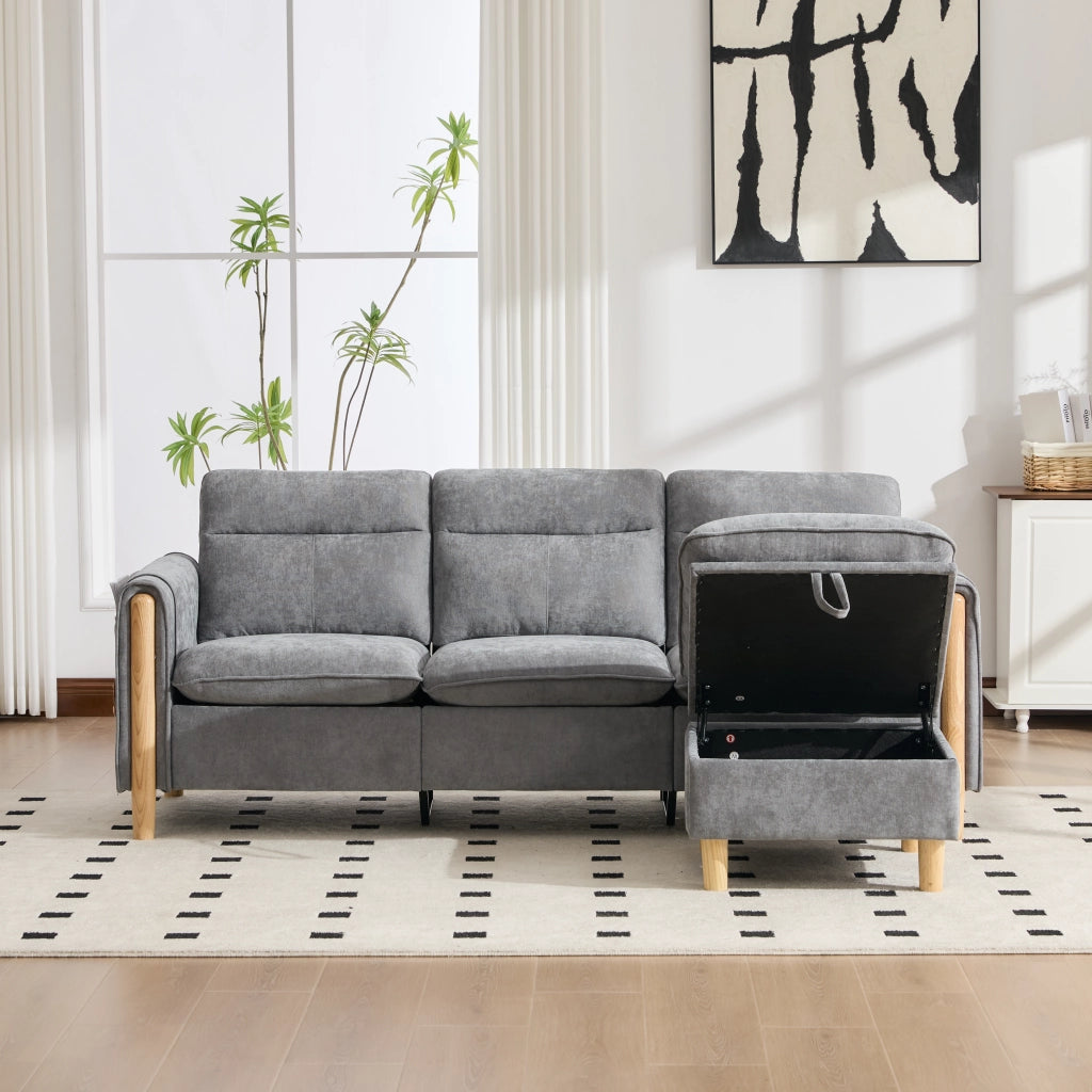 Divano ad angolo modulare con vano contenitore e tasche laterali in chenille grigio chiaro compatto 201 × 77 × 86 cm