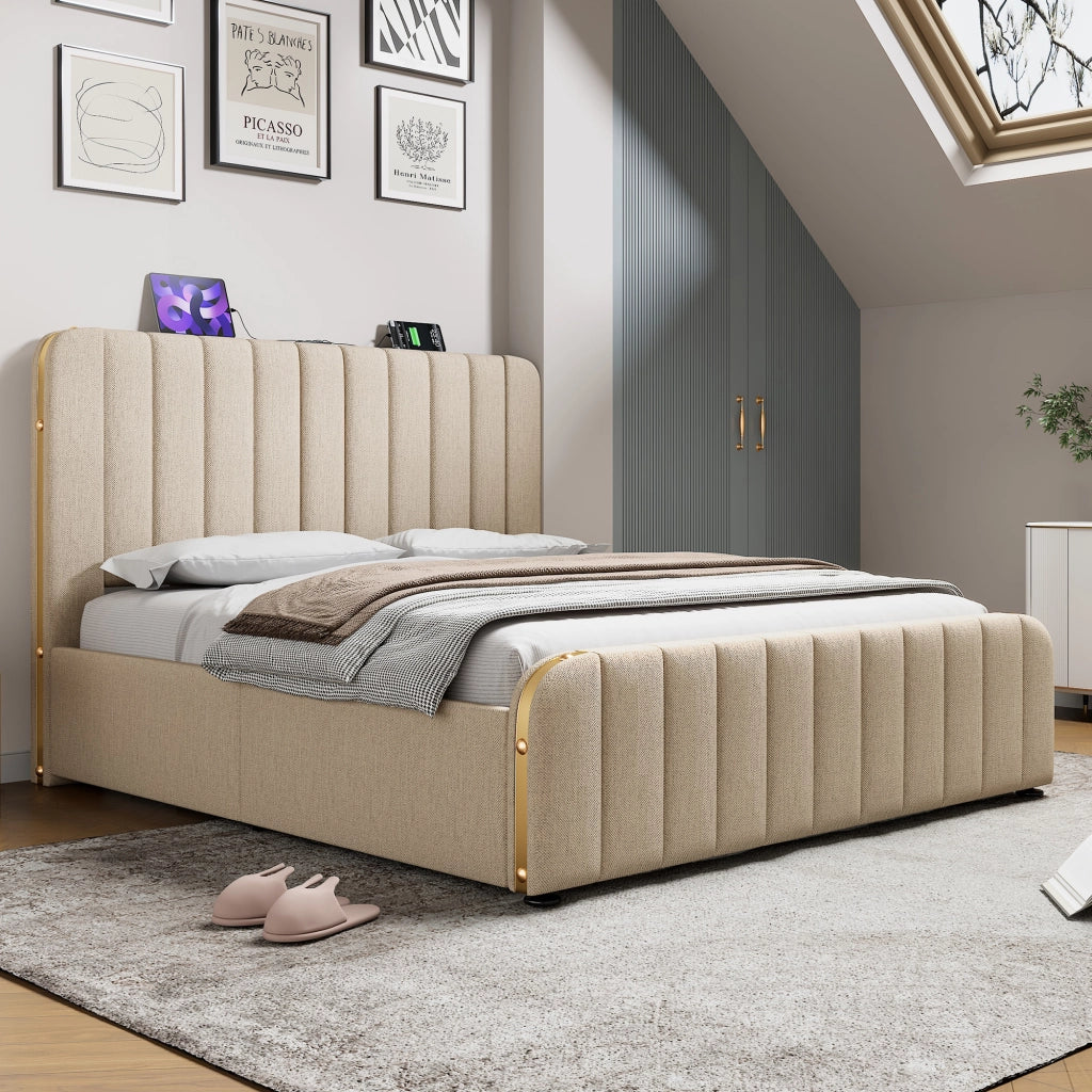 LETTO Contenitore 180x200 cm Beige in lino con USB Type-C