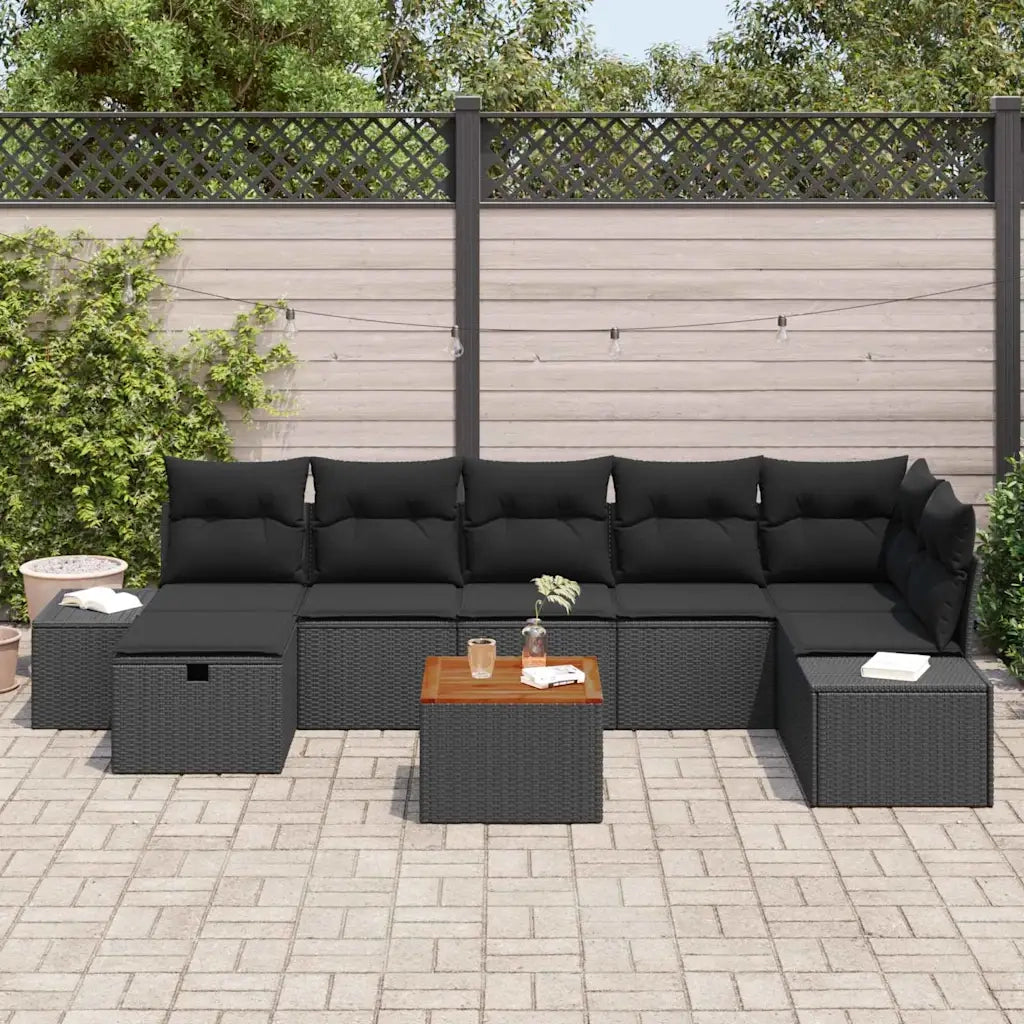 Set Divano da Giardino con cuscino 8 pcs Nero polyrattan