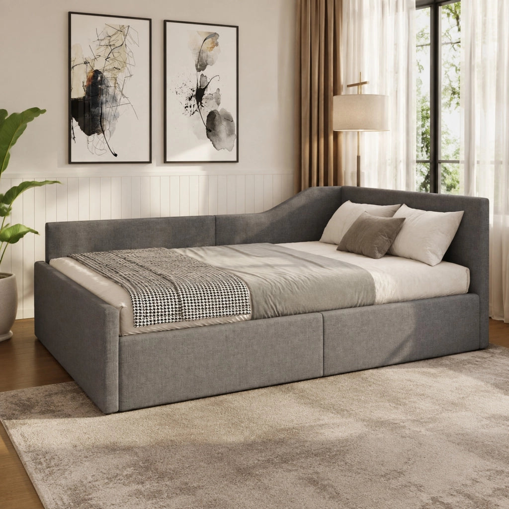 Tagesbett imbottito 140x200 con contenitore, grigio