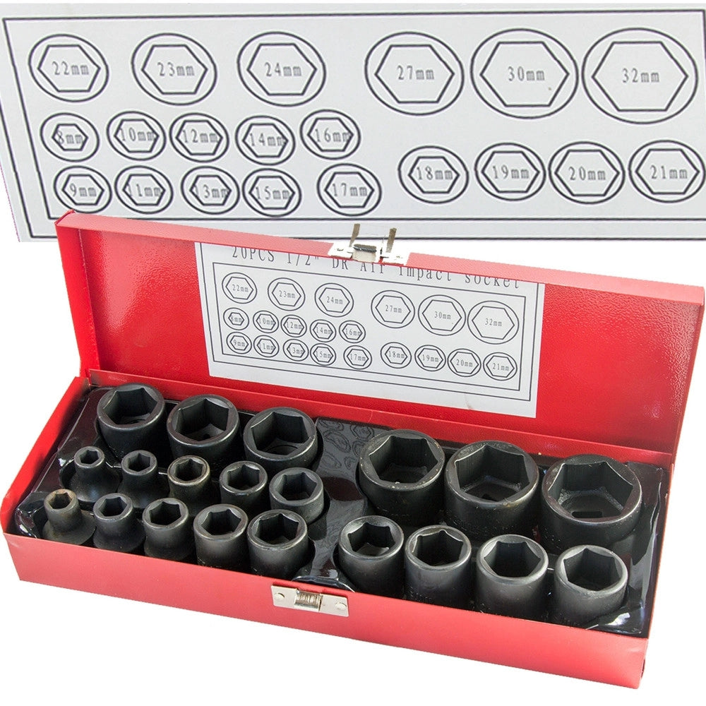 Trade Shop - Bussole Boccole Per Pistola Avvitatore Pneumatico Set Kit 20 Pz Da 1/2" 8-32mm -