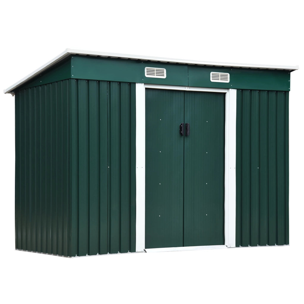 EasyComfort Capanno da Giardino con 2 Porte Scorrevoli e Tetto Inclinato in Lamiera d'Acciaio, 261x133x182cm, Verde