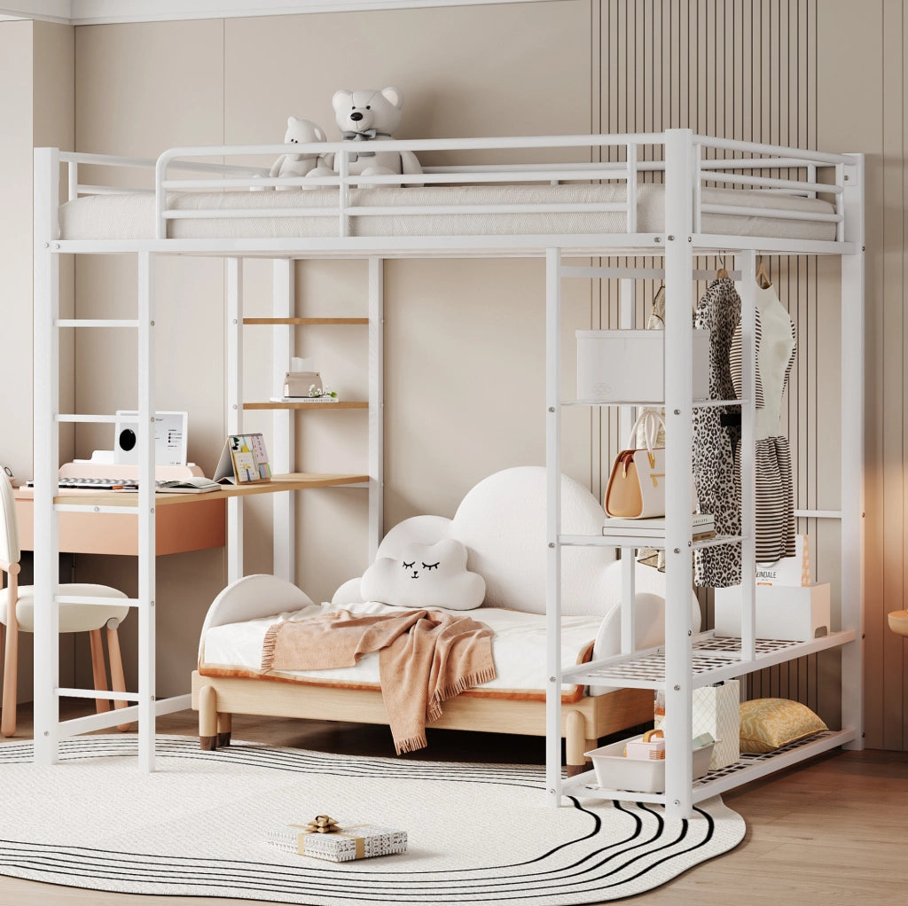 Letto a soppalco 140x200 cm in metallo con scrivania; appendiabiti e ripiani bianco