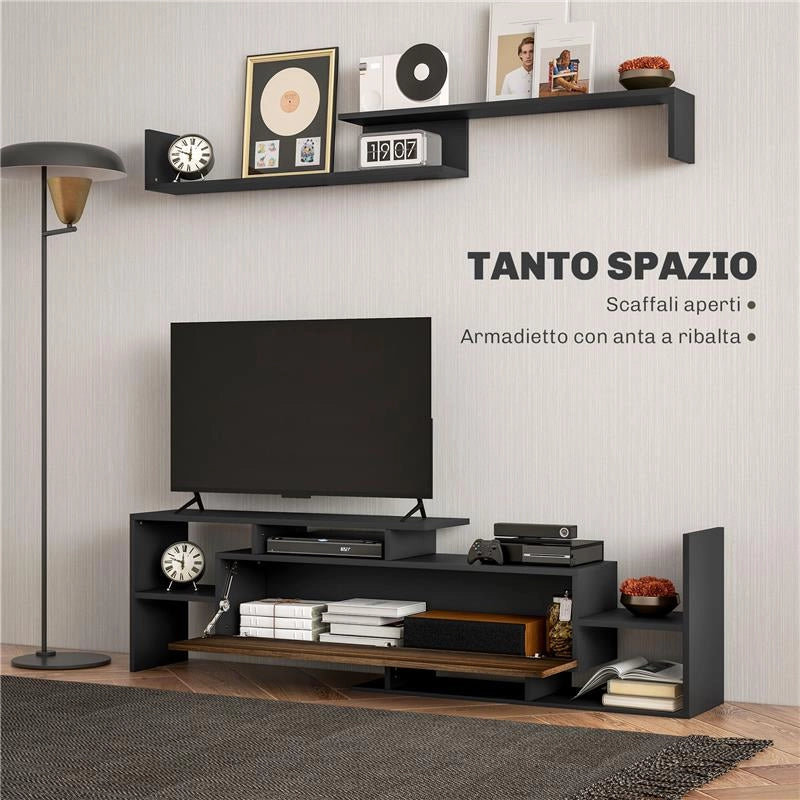 MOBILE TV CON MENSOLA A MURO RIPIANI APERTI E ARMADIETTO IN LEGNO NERO E MARRONE