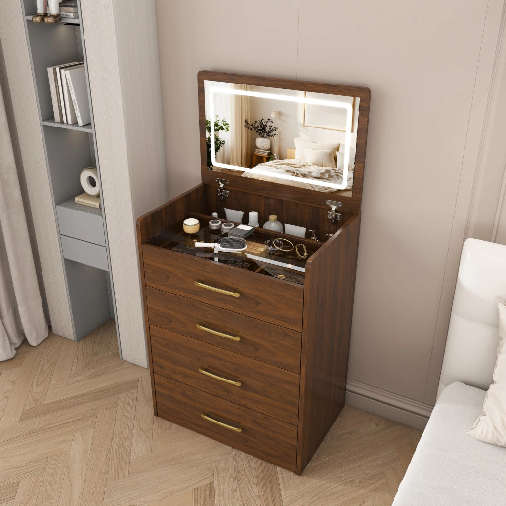 Toeletta con specchio apribile; 3 cassetti; vano contenitore e sgabello; per camera da letto; in MDF; noce; 60×40×118 cm