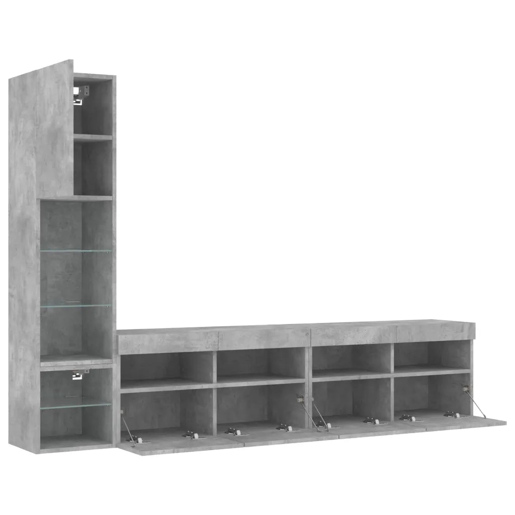 vidaXL Mobili TV a Muro con LED 4pz Grigio Cemento Legno Multistrato
