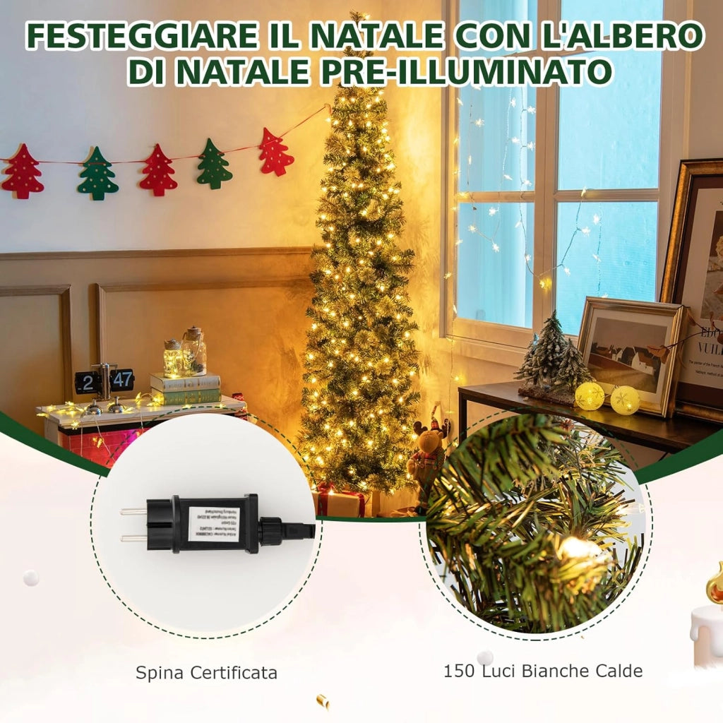 Albero di Natale Mezzo 210 CM, Albero di Natale Artificiale Metà con 150 Luci LED Incorporate, 403 Rami in PVC e Base Pieghevole in Metallo da Casa, Ufficio e Negozio