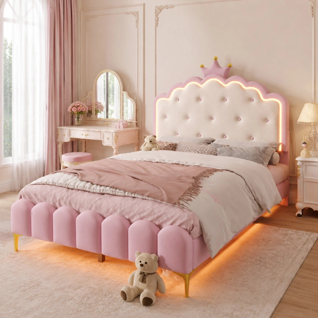 LETTO 140x200 cm in PU Rosa con illuminazione LED ambientale