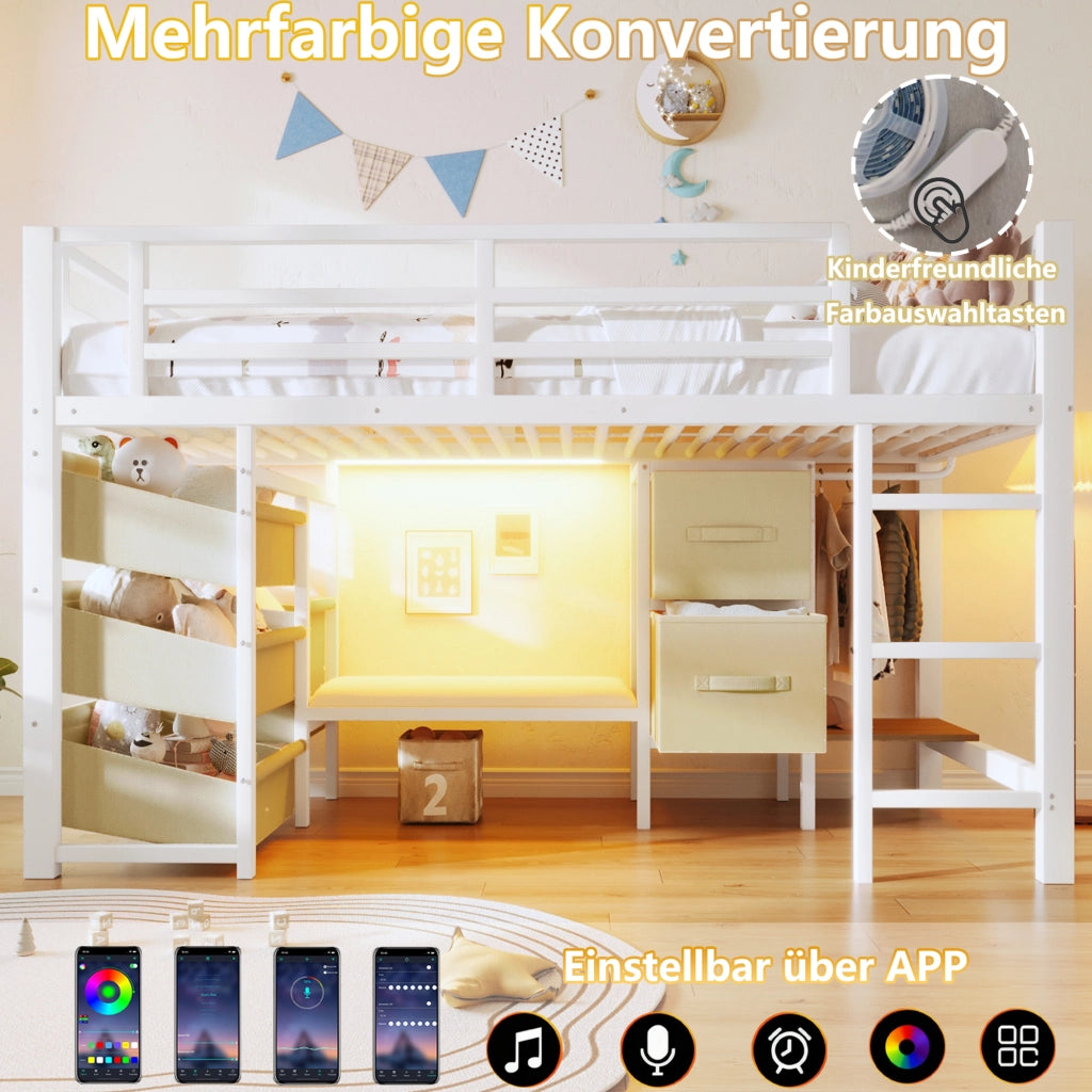DESMIU Letto Rialzato 1 Posto con Cuscino Seduta, Cassetto, Tasca Contenitore e LED 90 × 200 cm senza Materasso