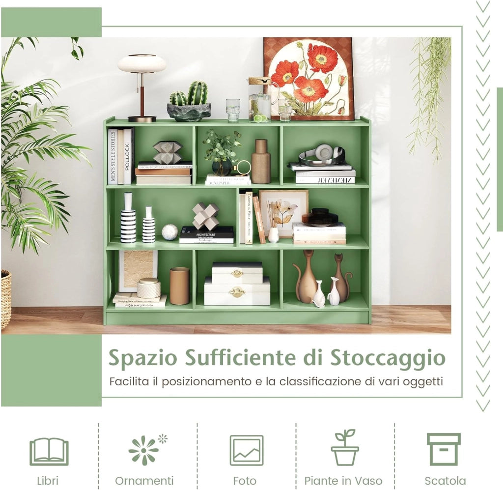 Libreria Scaffale da Terra con 8 Cubi, Libreria Multifunzione in Legno con Anti-ribaltamento, Salvaspazio per Cameretta, Soggiorno e Studio, Portata 220 kg, 122 x 32 x 93 cm (Verde)