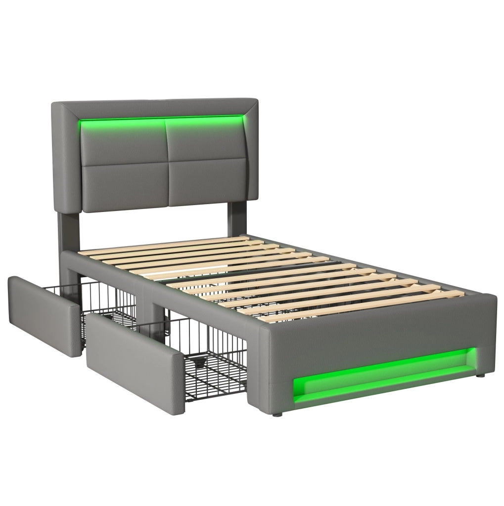 Letto imbottito 90x200 cm con LED; ricarica USB cablata e wireless; 4 cassetti; similpelle grigia