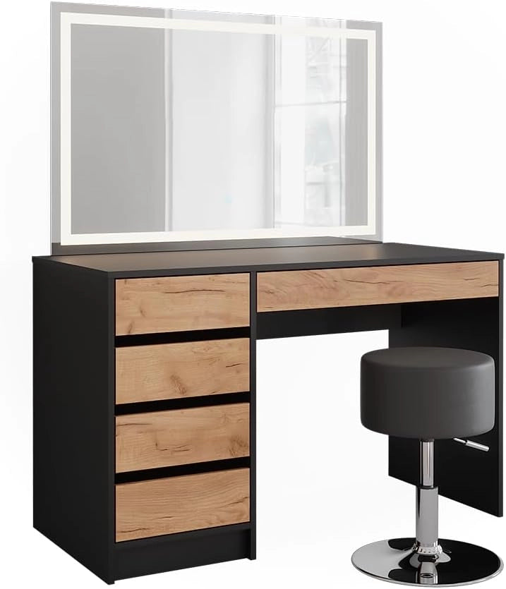 Vicco Tavolo da toilette Sherry, Antracite/quercia dorata, 120 x 75 cm con specchio LED e sgabello