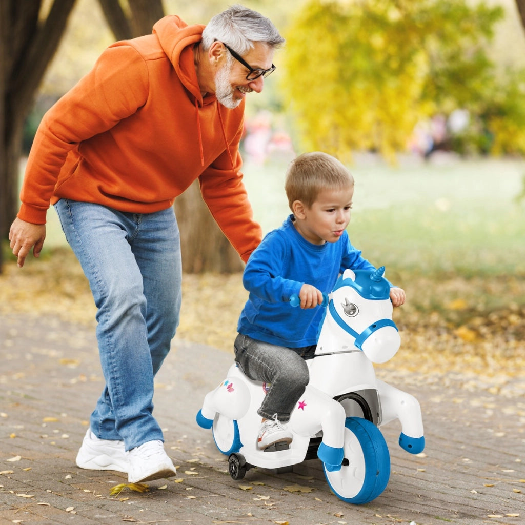 Giocattolo unicorn a cavallo 12V con ruote di addestramento modalit¨¤ di equitazione, Cavallo a batterie per bambini Blu