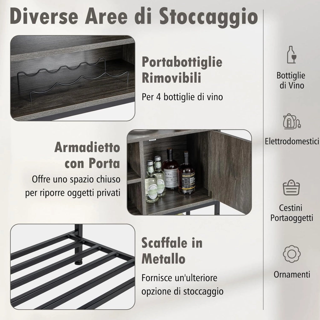 Credenza Buffet da Cucina, Mobile da Cucina con Portabottiglie e Mensole, per Sala da Pranzo, Soggiorno e Ingresso, 100 x 35 x 83 cm (Grigio)