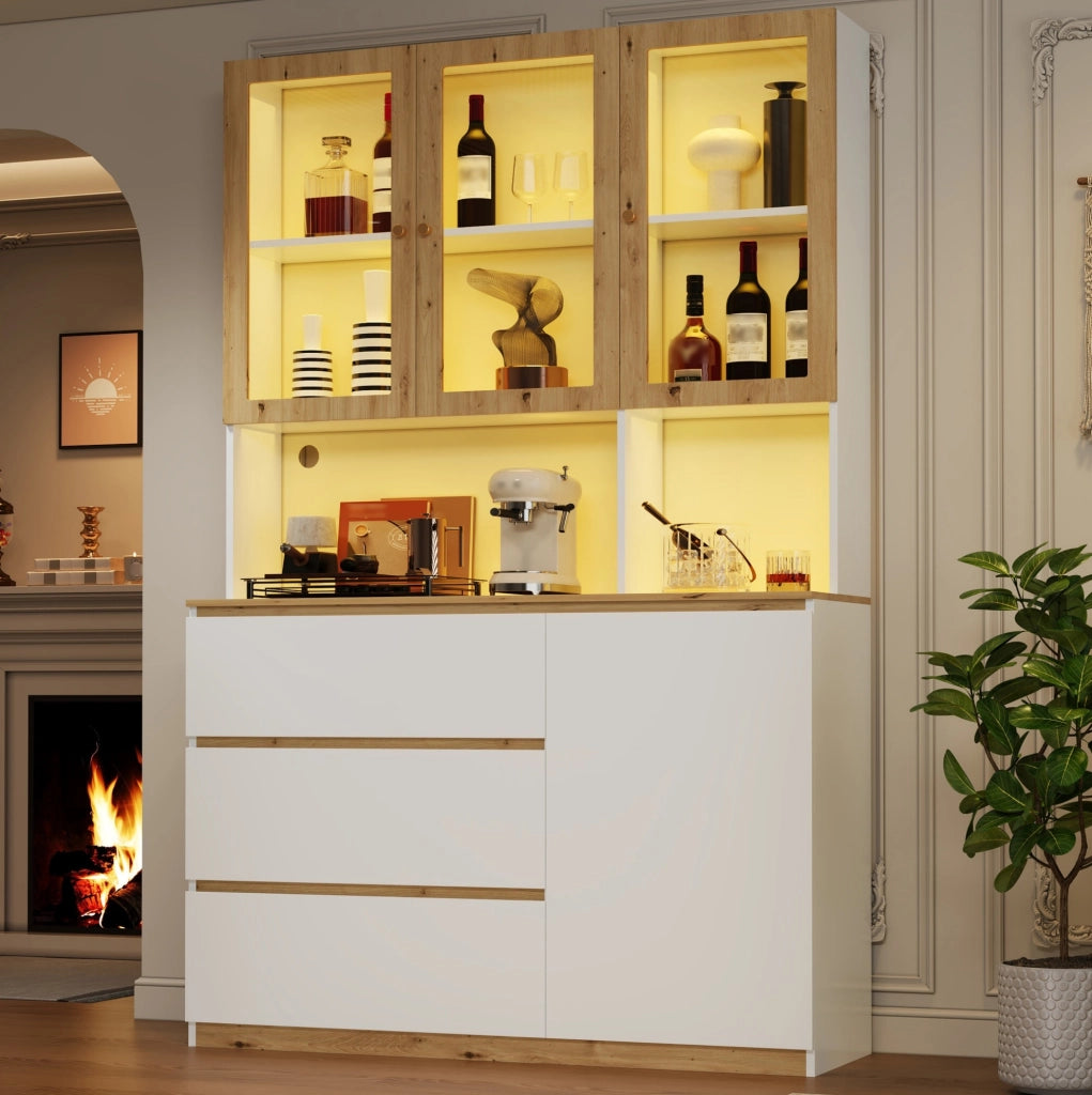 Mobile alto vetrina con LED; 120x200 cm; in MDF bianco ed effetto rovere