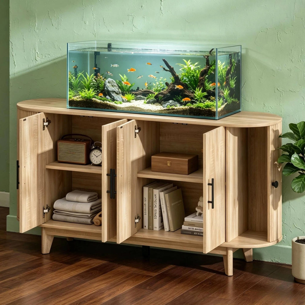 Credenza 147x40x76 cm crema in MDF; ripiani regolabili e piano ovale