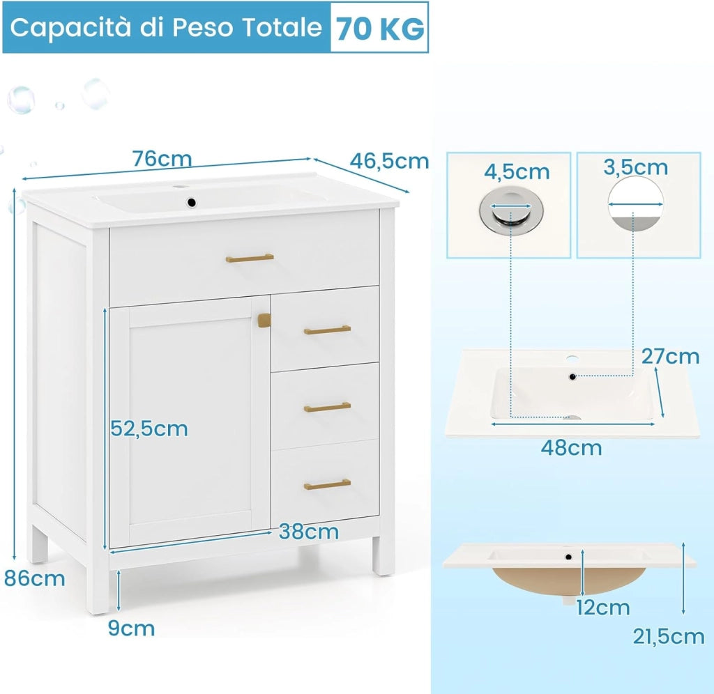 Mobile Sottolavabo per Bagno, Mobiletto da Bagno con 2 Cassetti e 2 Ante, Mobile da Bagno a Terra con Lavandino in Ceramica, 76 x 46,5 x 86 cm, Bianco