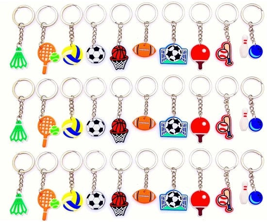 Sleutelhanger sportivo 30x - Tema tennistavolo/pallavolo/pallacanestro/pallamano/pallavuoto - Materiale PVC morbido - Idee regalo - Chiusura a anello - Sleutelhanger sportivo con 30 accessori