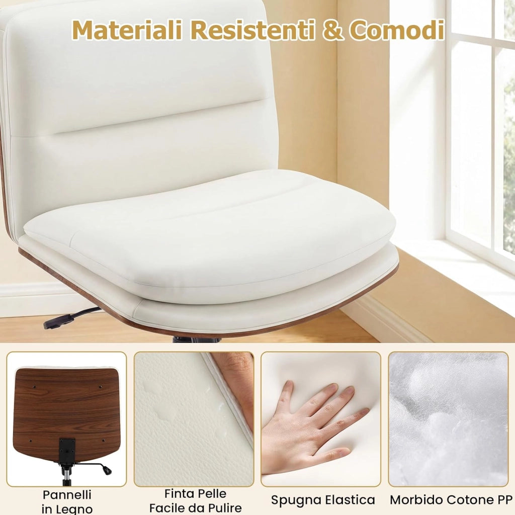 Sedia Ufficio Girevole con Ruote, Sedile Curvo, Schienale Reclinabile, Poltrona Scrivania con Altezza Regolabile, per Lavoro, Studio, Relax, Portata 110 kg (Bianco)