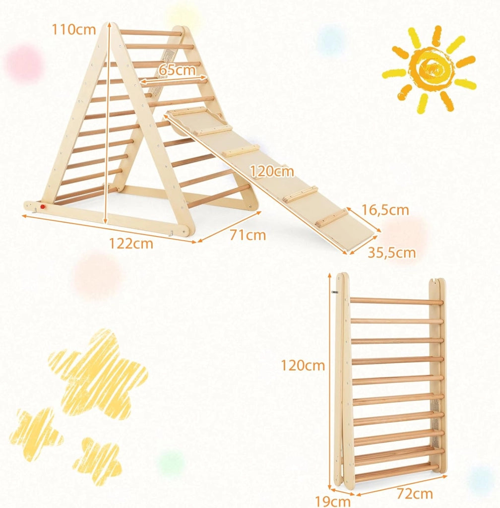Triangolo a Gradini, Scala Giochi Arrampicata a Triangolo, con Scivolo, Palestra Coperta da Casa, Legno, Ideale per Bambini 3+ Anni (naturale)