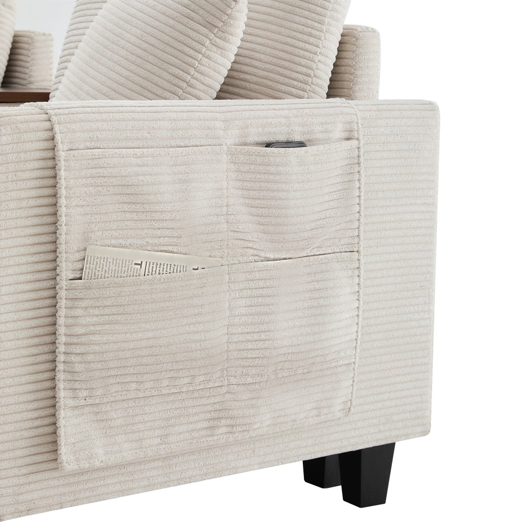 Divano angolare 229x149;5 cm beige in velluto a coste; console con USB