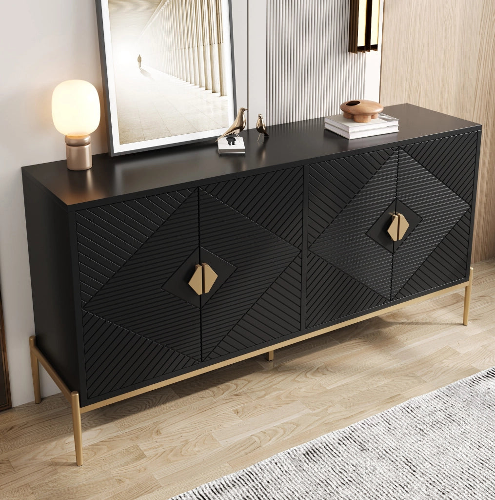 Credenza 162x40x80 cm nera in MDF e pannello truciolare, 4 ante