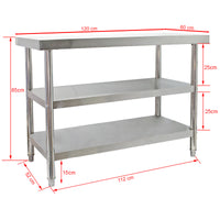 Tavolo da lavoro in acciaio inox 120 x 60 x 85 cm con 2 ripiani inferiori e piedi regolabili