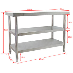Tavolo da lavoro in acciaio inox 120 x 60 x 85 cm con 2 ripiani inferiori e piedi regolabili