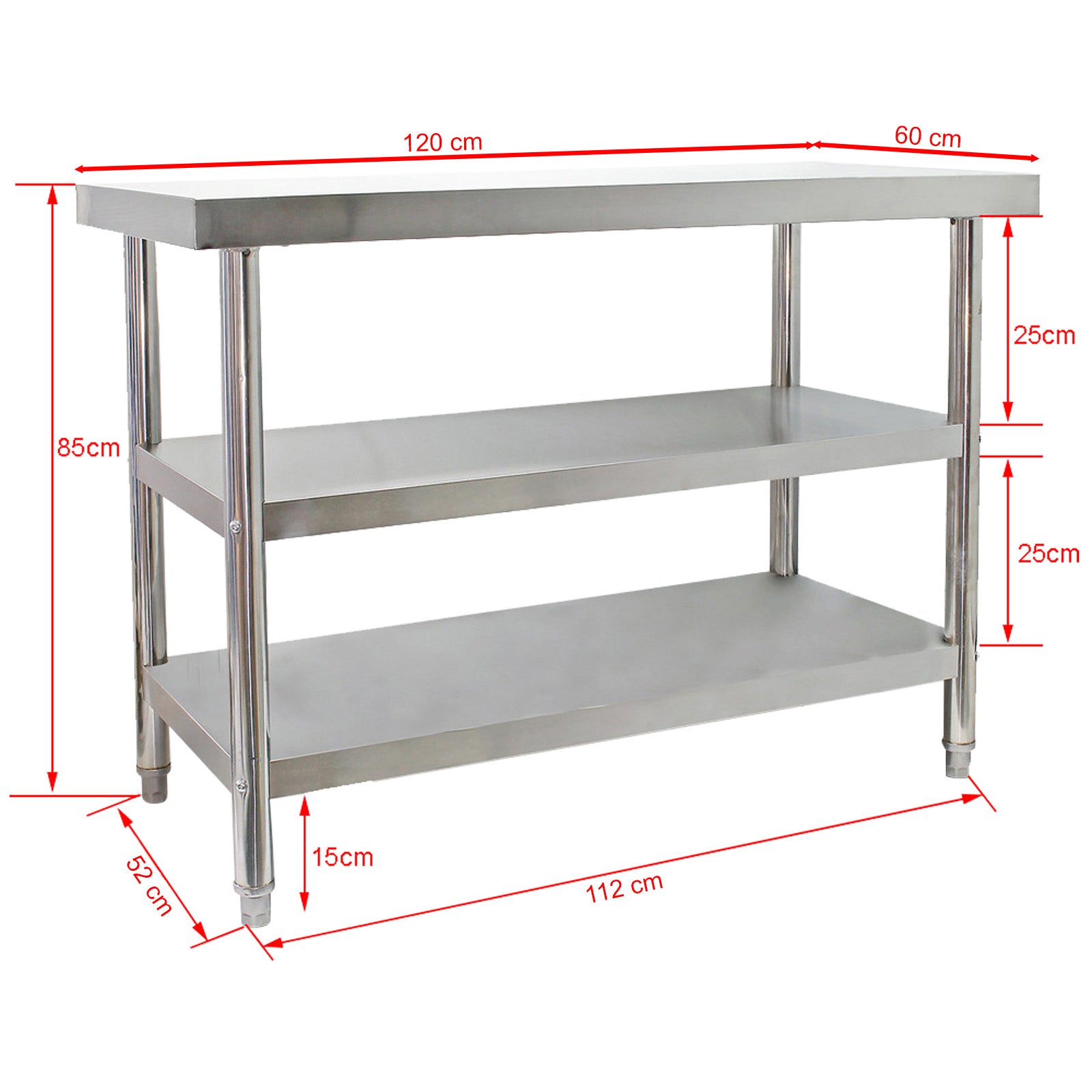 Tavolo da lavoro in acciaio inox 120 x 60 x 85 cm con 2 ripiani inferiori e piedi regolabili