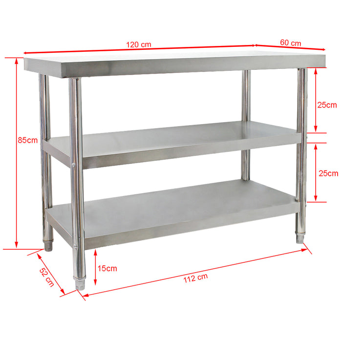 Tavolo da lavoro in acciaio inox 120 x 60 x 85 cm con 2 ripiani inferiori e piedi regolabili