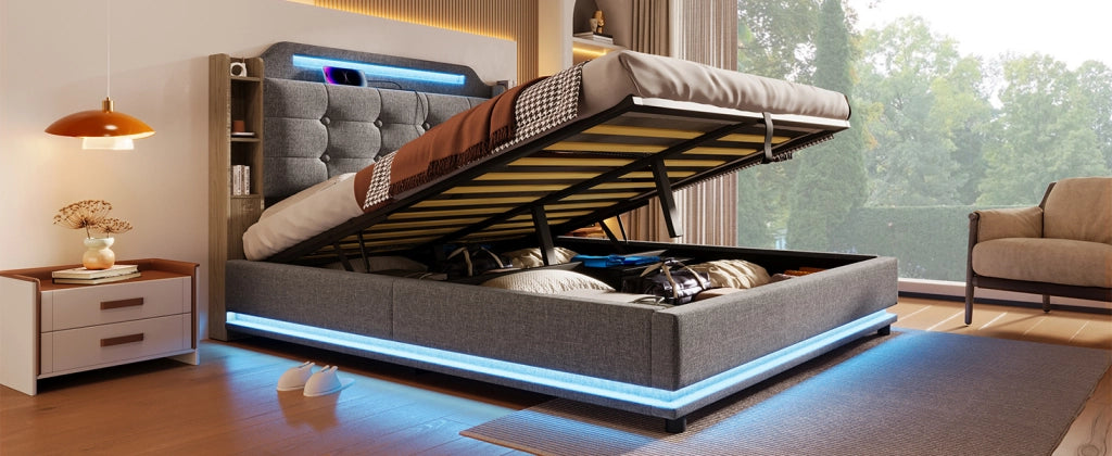 DESMIU Letto contenitore 140 × 200 cm 2 posti con vano idraulico, LED, USB, Type-C, senza materasso, grigio
