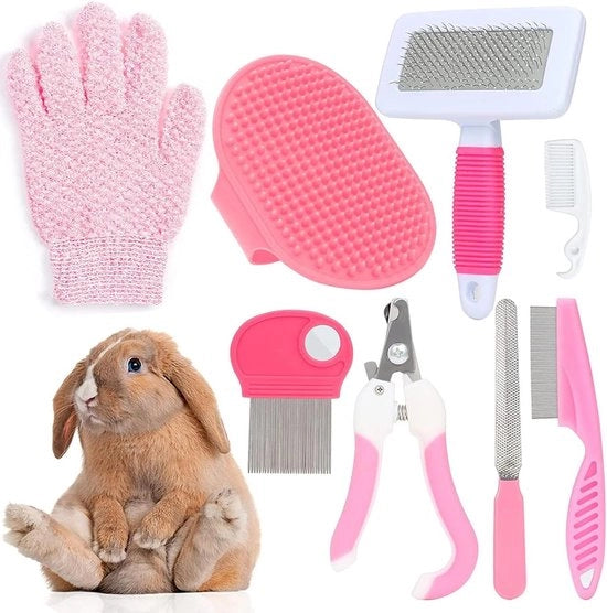 Set di cura per animali piccoli con cesoie per unghie, trimmer, rasoio per peli, spazzola per pulci, shampoo, spazzola da bagno per conigli, cuccioli, gatti, conigli, feriti, animali domestici piccoli (rosa)
