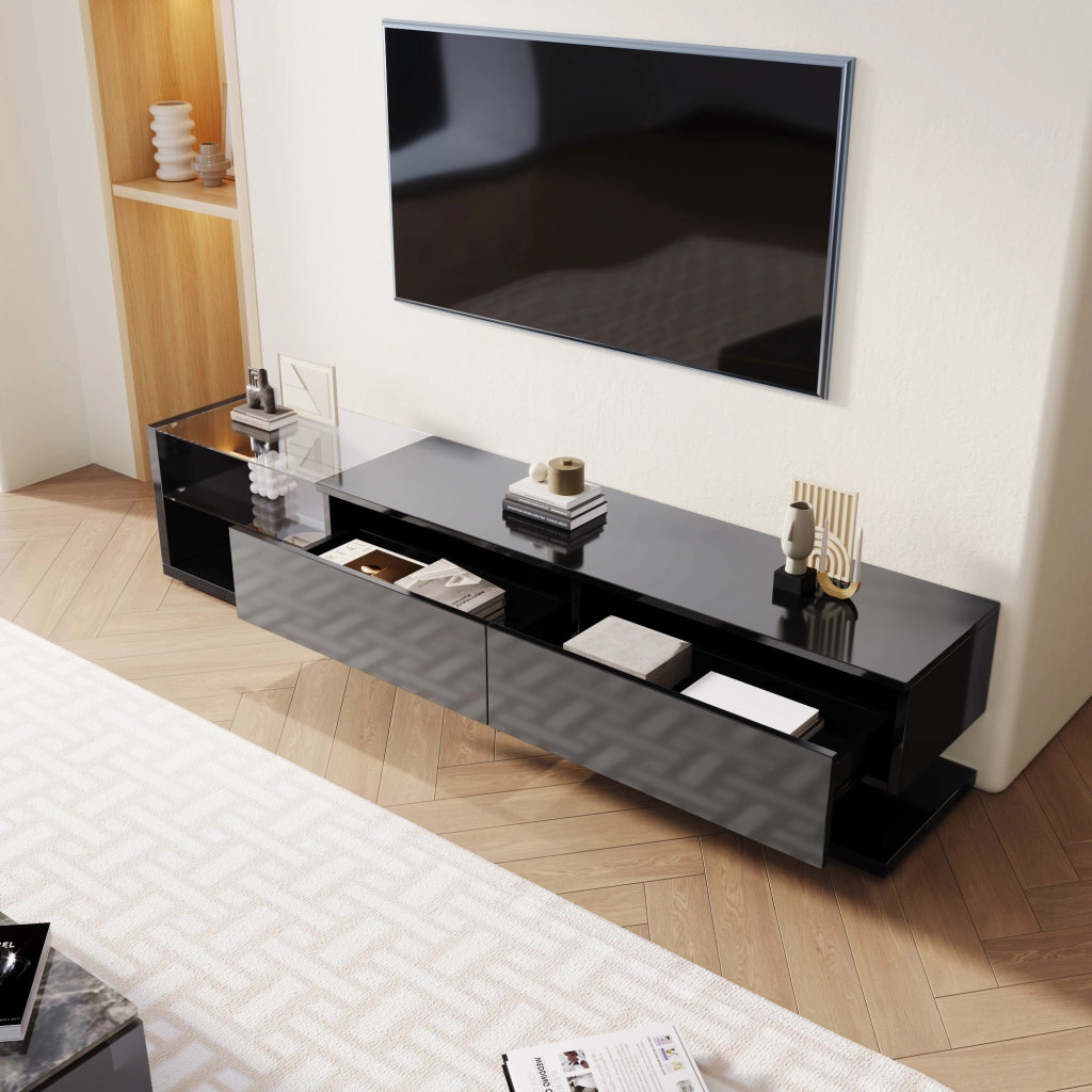 OKWISH Mobile TV con 2 Cassetti e 2 Ripiani in Vetro, LED Integrata, Finitura Lucida, per Soggiorno, 170 × 36 × 38 cm