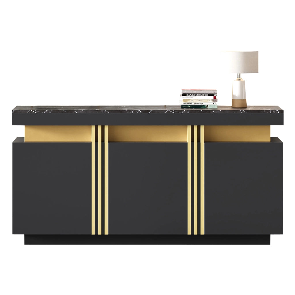 Credenza moderna nera 140x38x70 cm con 3 ante, 6 vani e ripiani regolabili