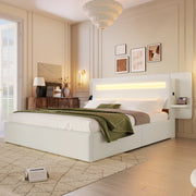 Letto imbottito 140x200 cm beige con contenitore idraulico; LED multicolore e comodino integrato