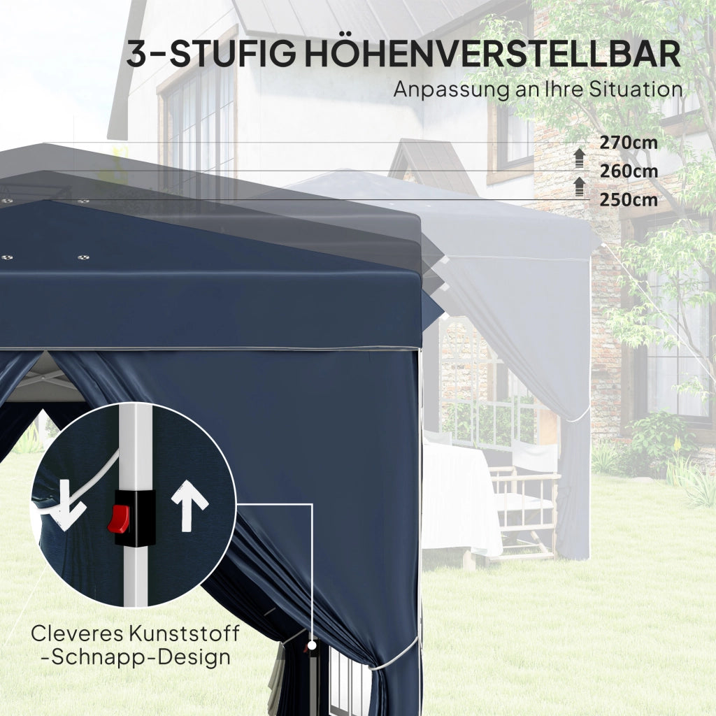 Gazebo da giardino pieghevole pop up con 4 pareti laterali altezza regolabile finestre e borsa in poliestere blu