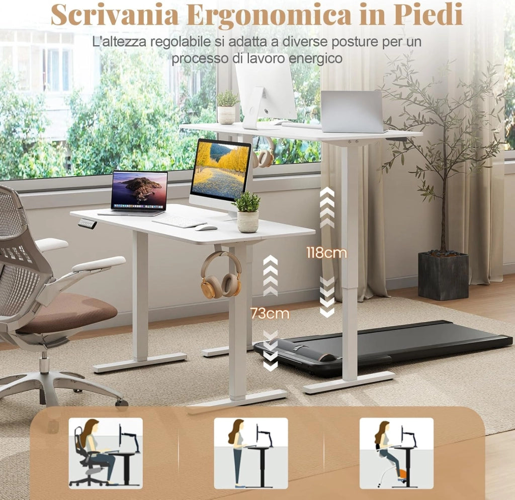 Scrivania Elettrica Ergonomica 120 x 60 cm, 3 Memorie di Altezza, Protezione Anti-Collisione e Gancio per Cuffie, Scrivania Regolabile in Altezza per Ufficio e Casa (Bianco)