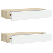 2 pz Scaffali a Muro | Mensola a parete con cassetti rovere e bianco 60x23,5x10 cm MDF