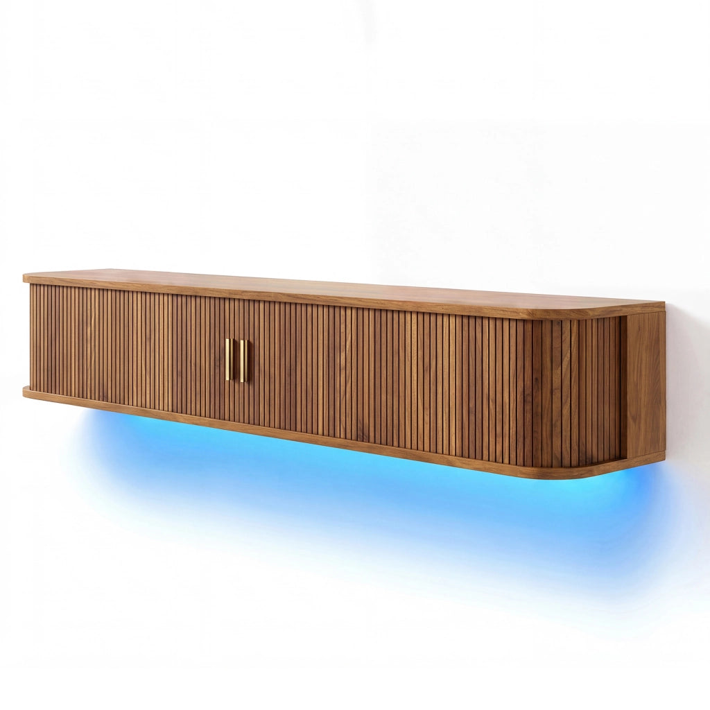 Mobile TV da parete, finitura effetto legno, illuminazione a LED regolabile tramite app, materiale MDF, colore noce