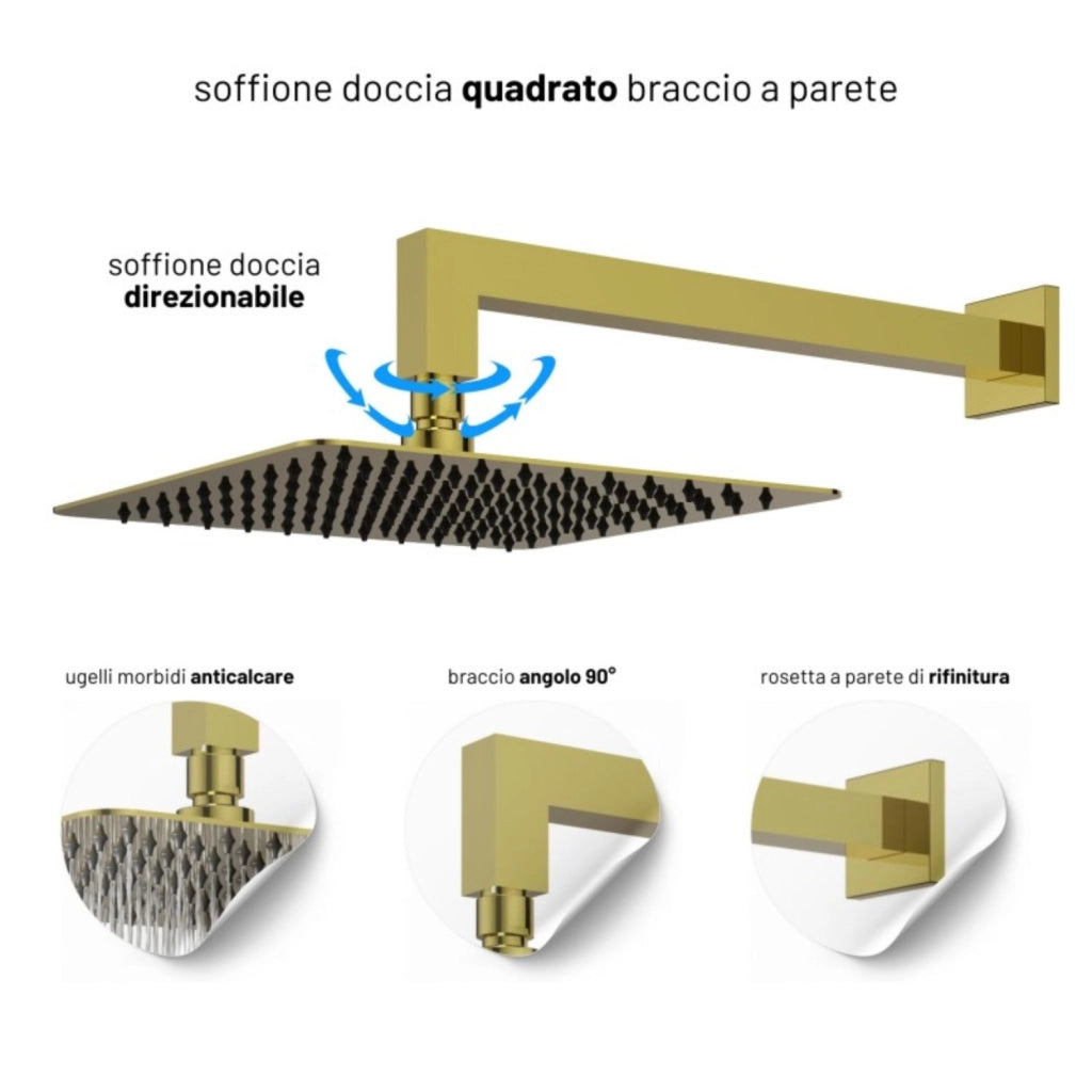 Set per doccia soffione quadro in acciaio inox 25x25 millimetri color oro *** finitura- oro lucido, confezione 1