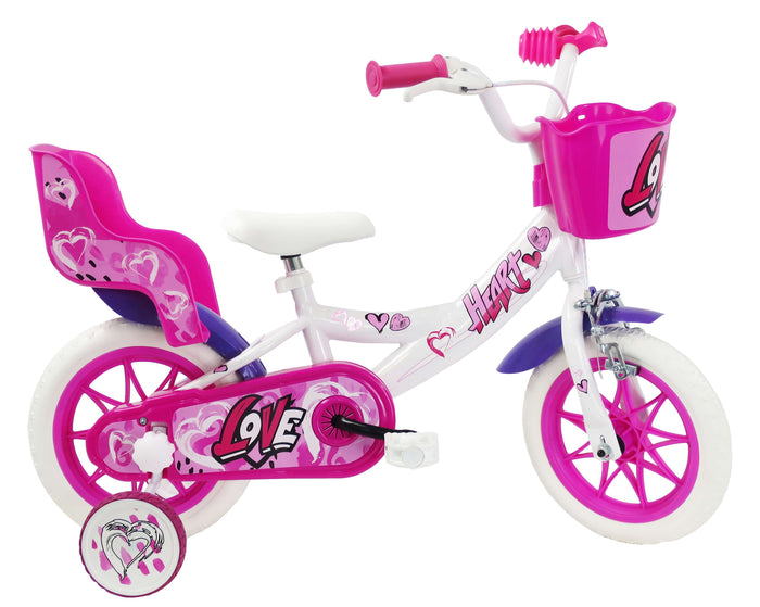 SCH HEART 12", bicicletta per bambini, adatta a bambini tra i 3 e i 5 anni, per altezza tra 85 e 105 cm, cestino, trombe