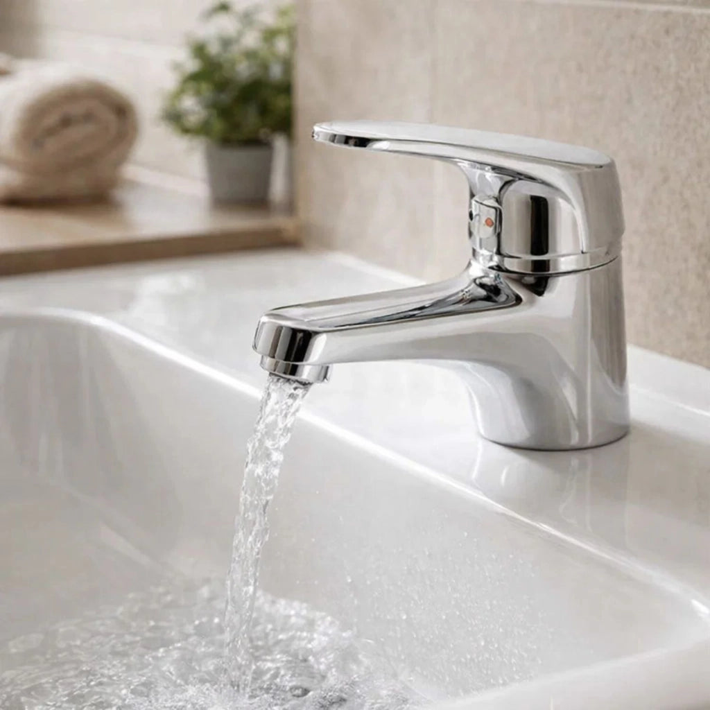 Miscelatore rubinetto europa per lavabo in ottone colore cromato con piletta