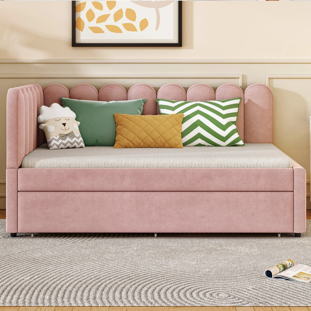 Letto estraibile imbottito 140×200 cm con schienale a fiore e rete estraibile; senza materasso; velluto; rosa